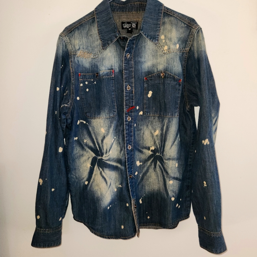 Square Zero Denim Distressed Vintage Style Button Down Shirt Large